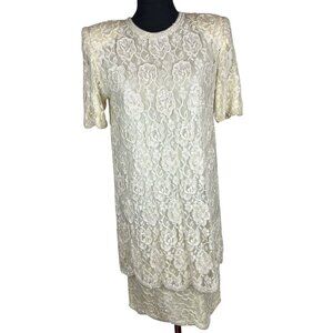 Vintage Women S Lace Floral Beads Ivory Dress Scalloped Hem Pearled Neckline NOS